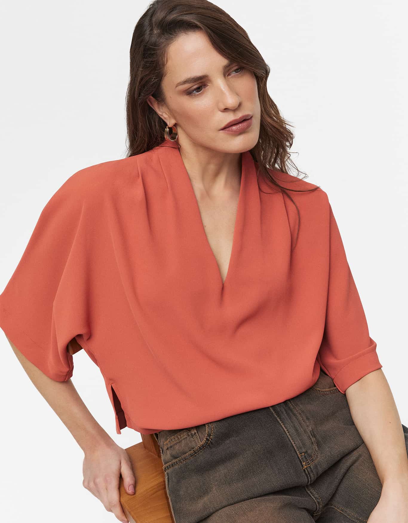 Blusa Kimono com Pregas Laranja