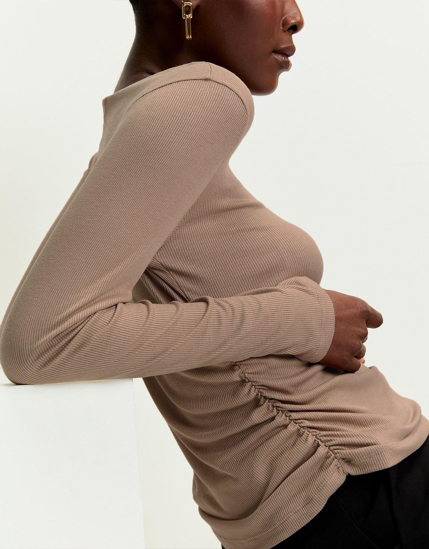 Blusa Malha Franzido Manga Longa