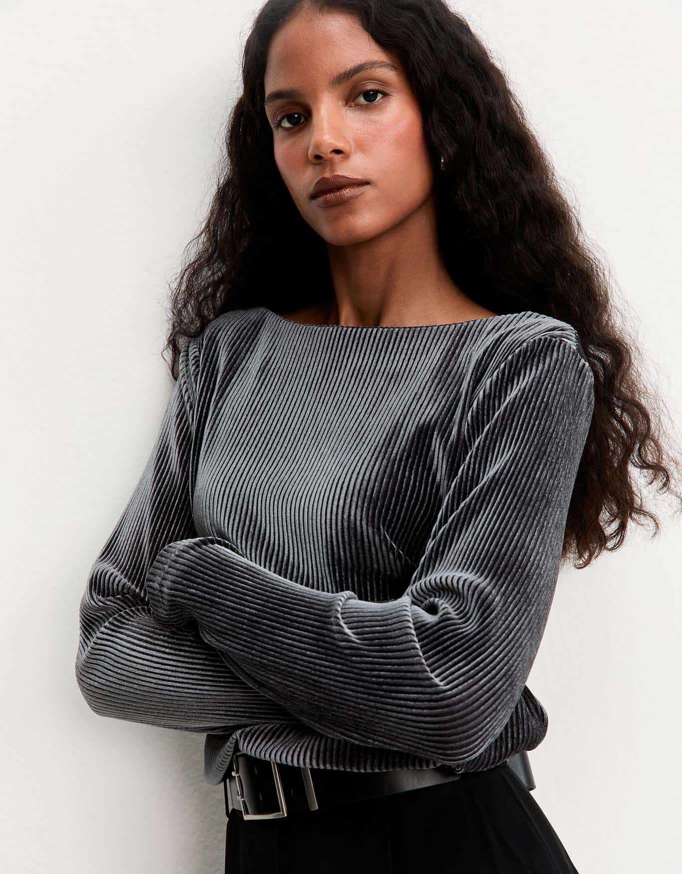 Blusa Malha Veludo Plissado
