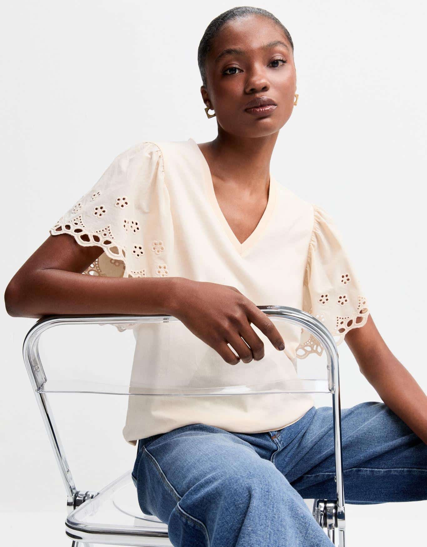 Blusa Manga Laise Decote V Areia