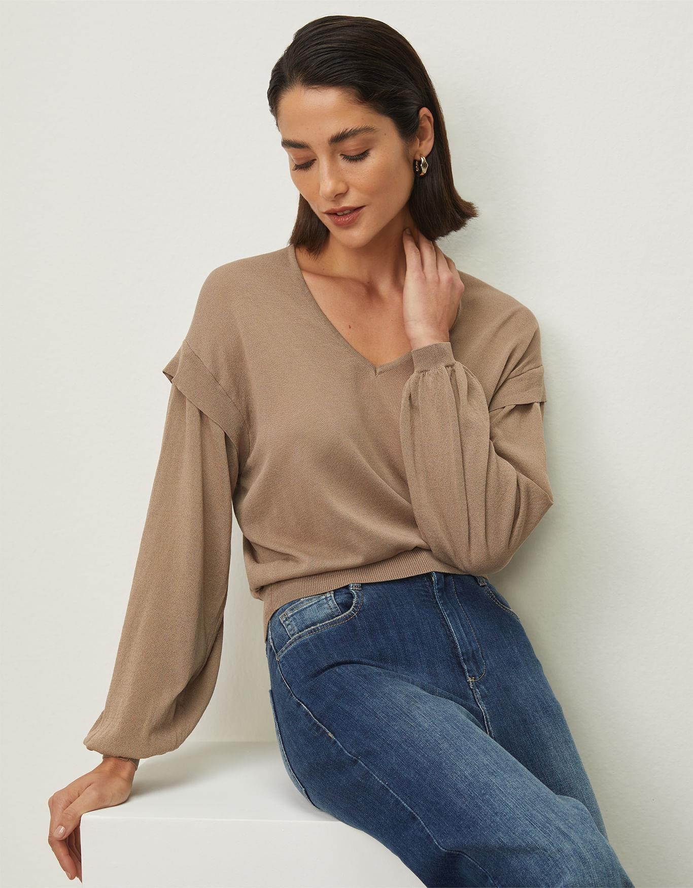 Blusa Tricot Babado Manga Fumê
