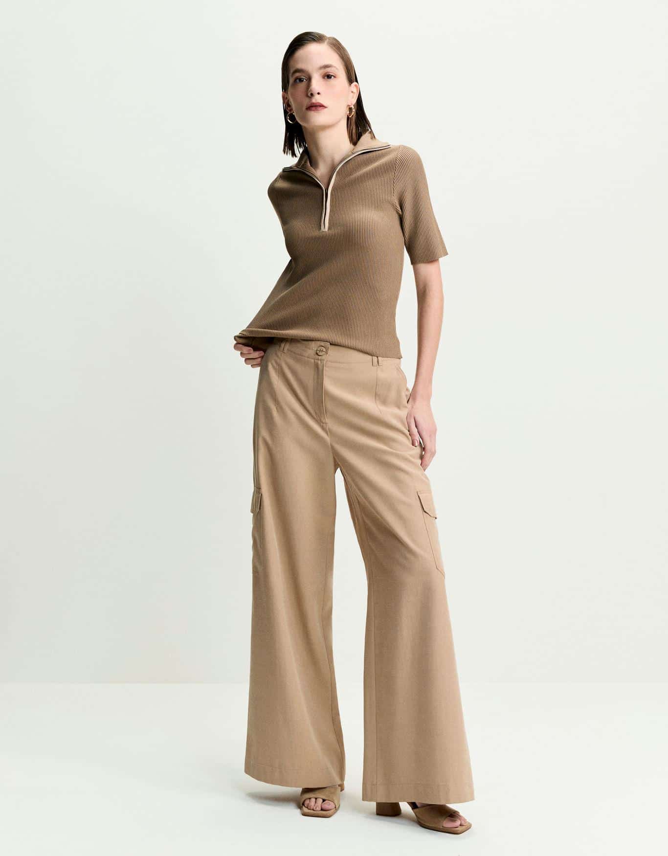 Blusa Tricot Bicolor Zíper Bege 360