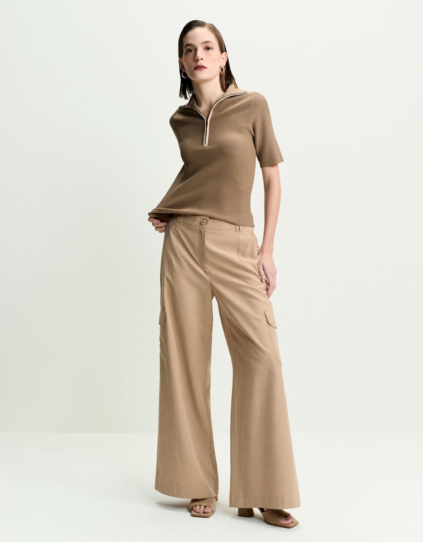 Blusa Tricot Bicolor Zíper Bege 360