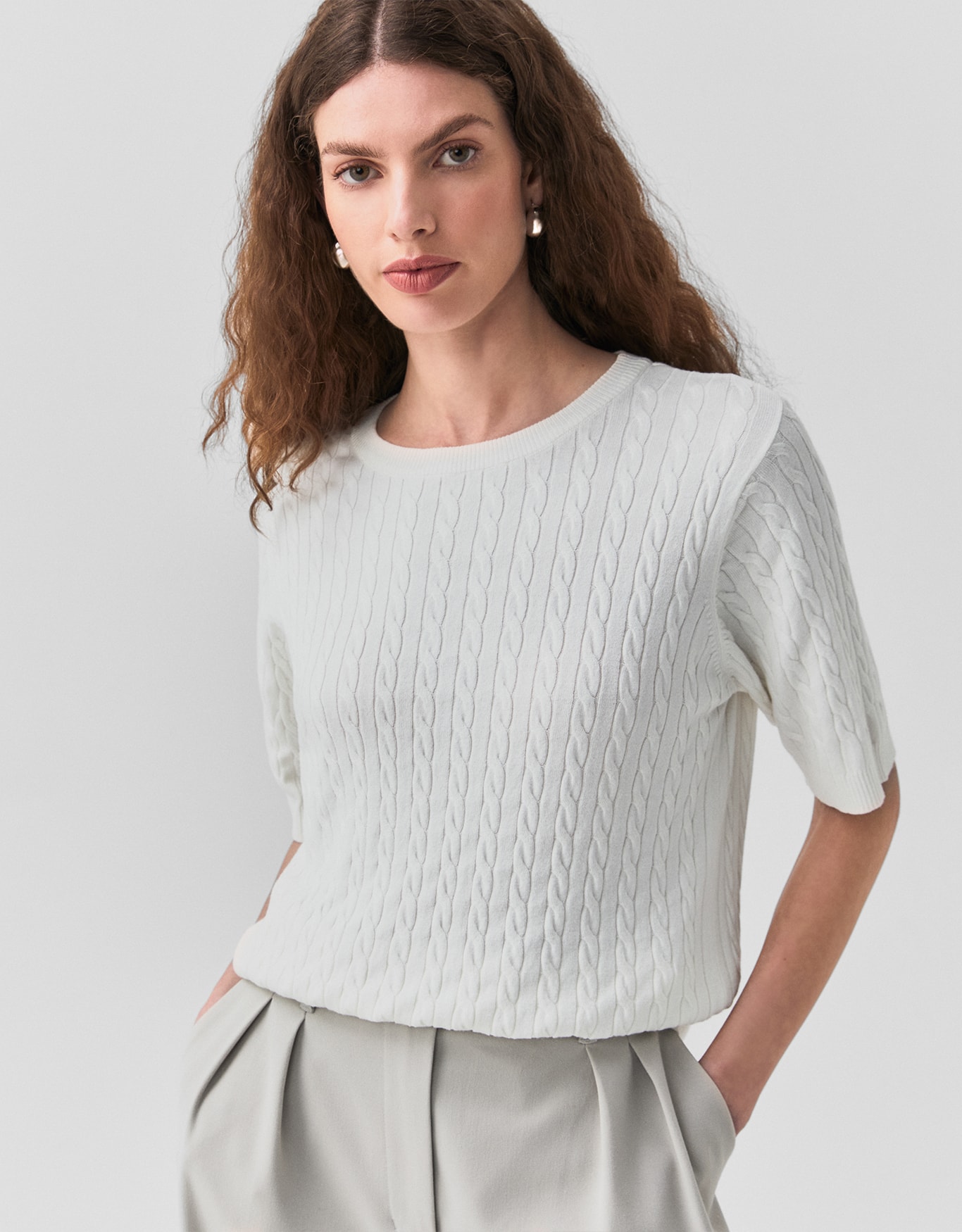 Blusa Tricot Cable Manga Curta