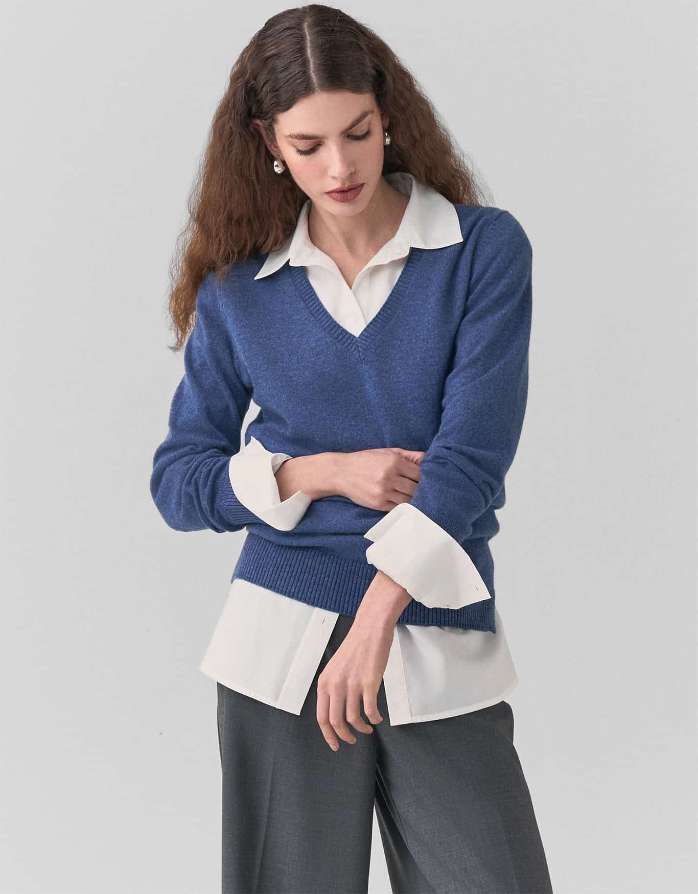 Blusa Tricot Cashmere Decote V Azul