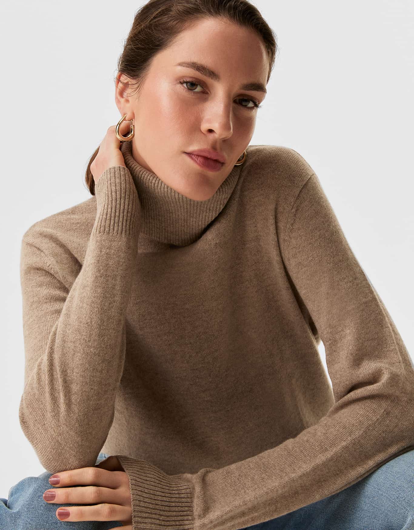 Blusa Tricot Cashmere Gola Alta Bege