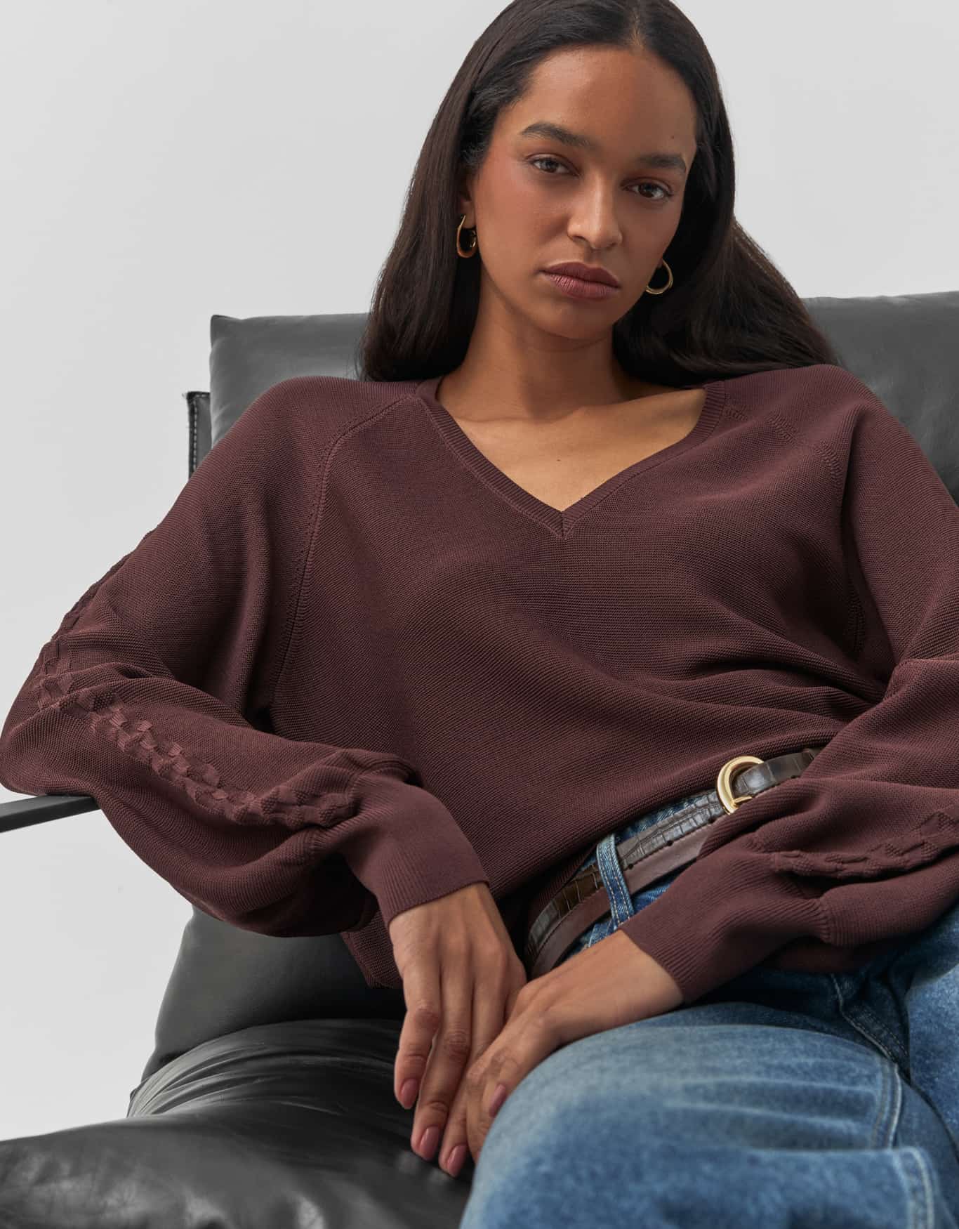 Blusa Tricot Decote V Marrom