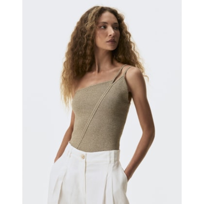 Blusa Tricot Dourada Um Ombro Só
