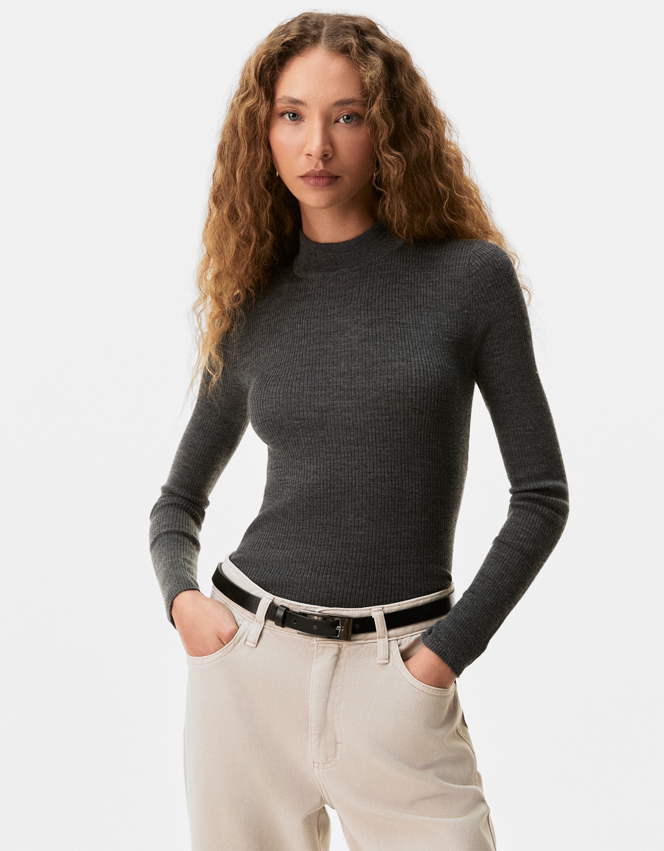 Blusa Tricot Gola Lã Cinza