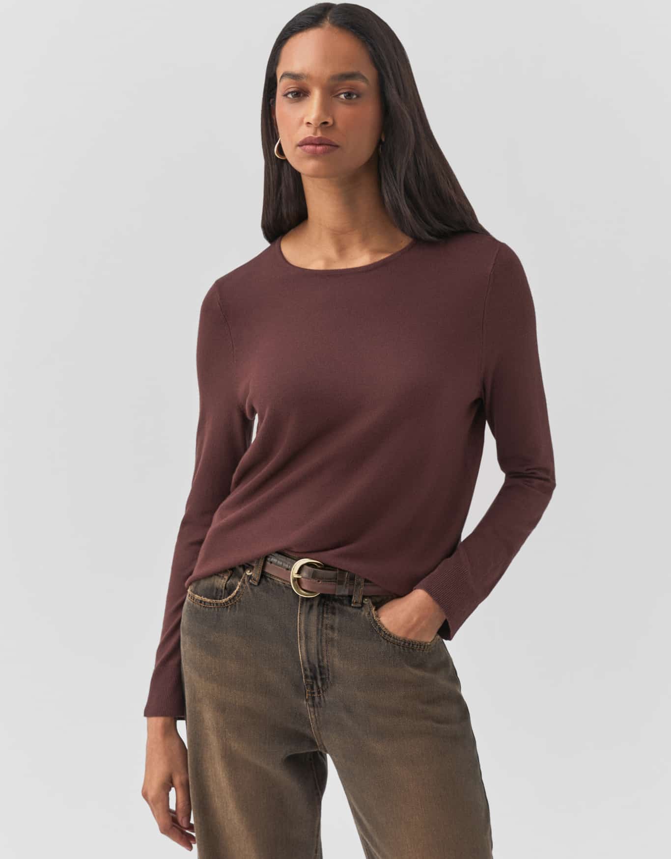 Blusa Tricot Gola Redonda Marrom