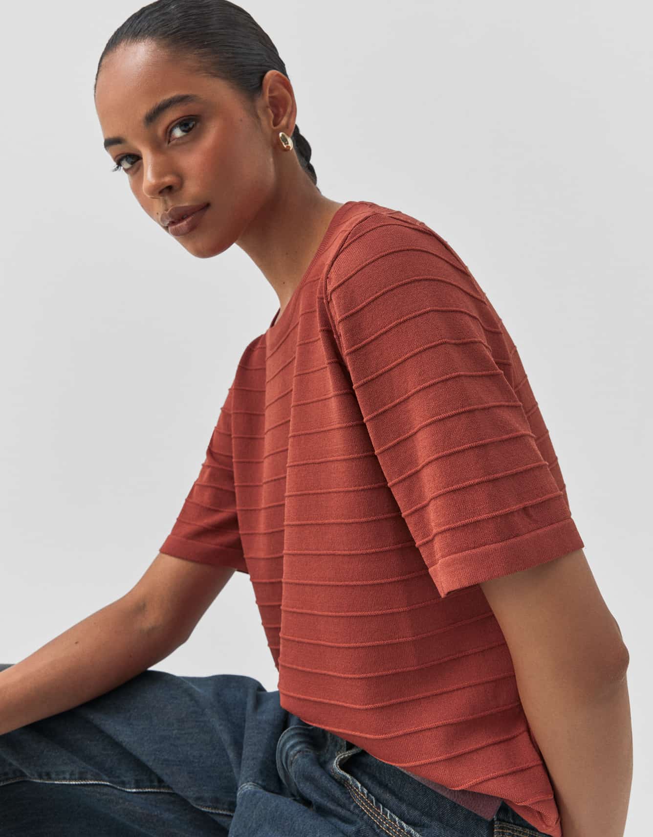 Blusa Tricot Listras Relevo Laranja