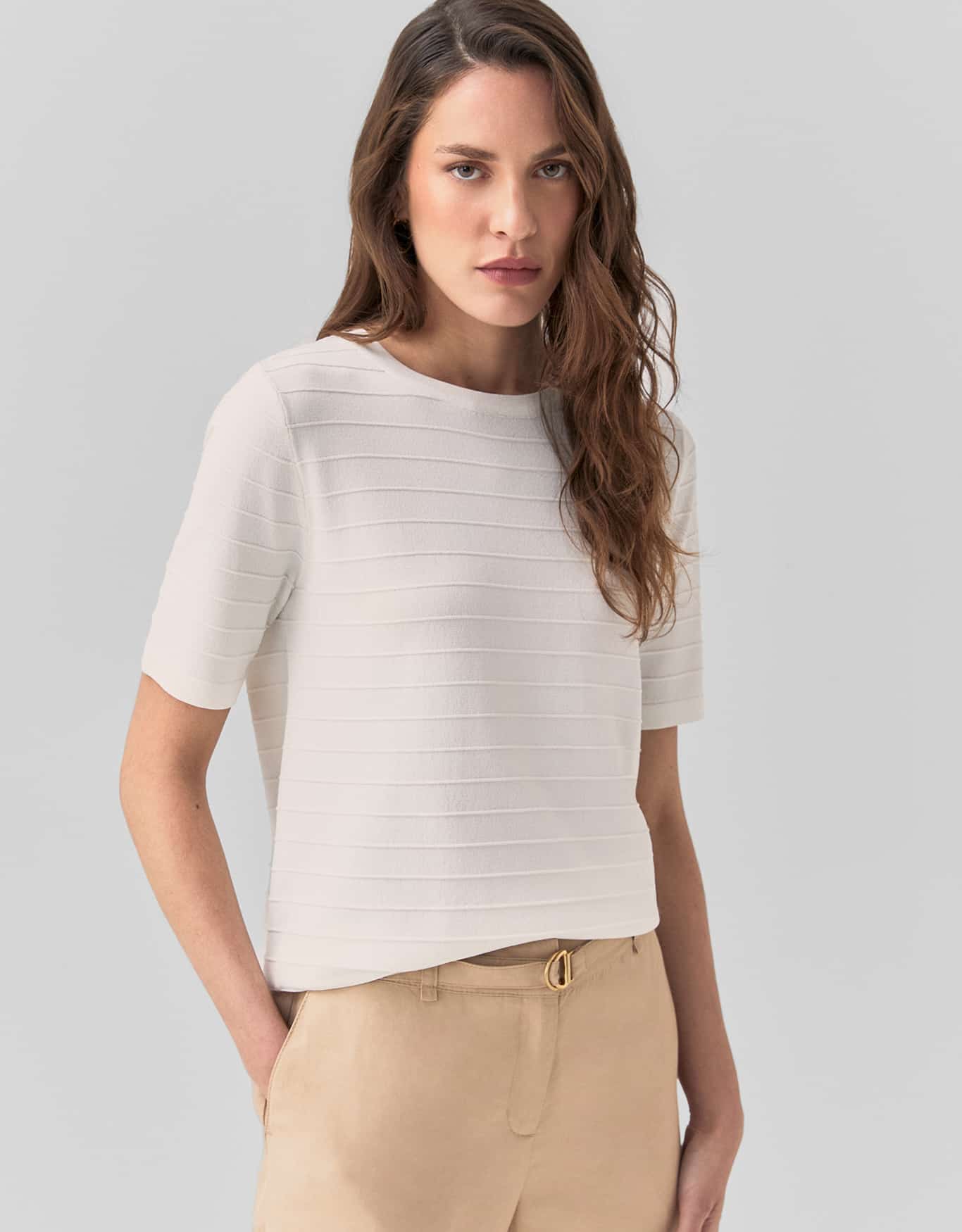 Blusa Tricot Listras Relevo Off White