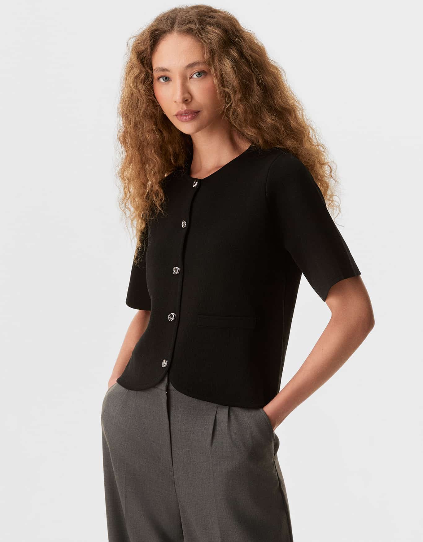 Blusa Tricot Manga Curta Botões