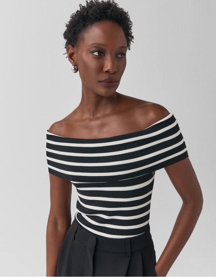 Shoulder — Blusa Tricot Ombro a Ombro Listrada