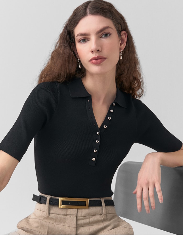 Shoulder — Blusa Tricot Polo Botões