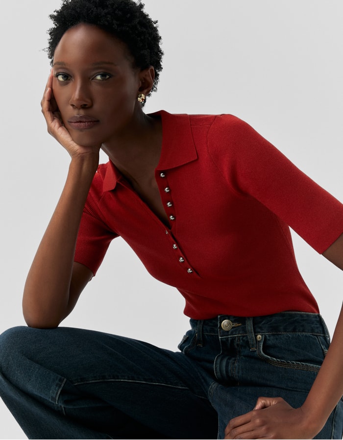 Shoulder — Blusa Tricot Polo Botões