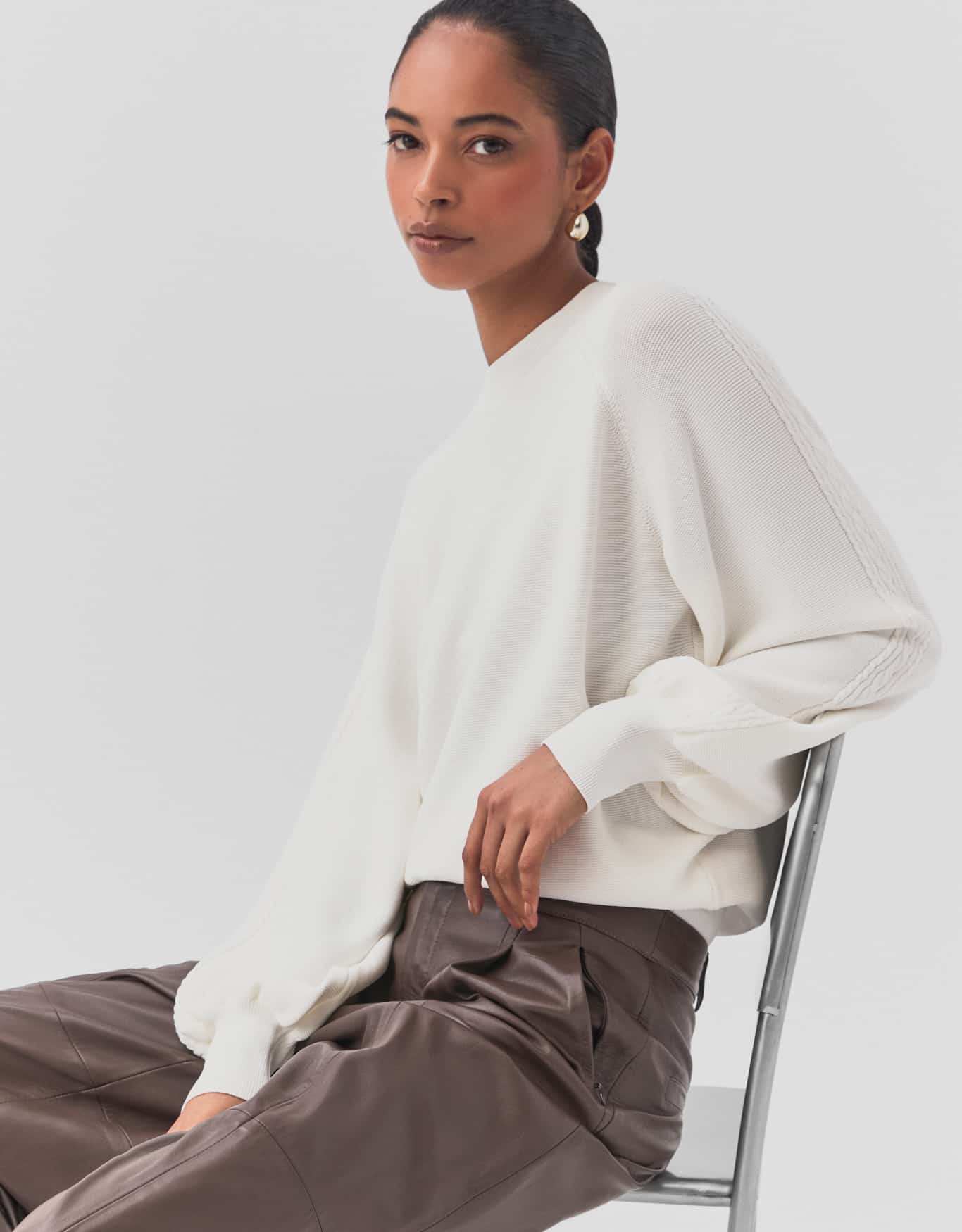 Blusa Tricot Textura Manga Off White