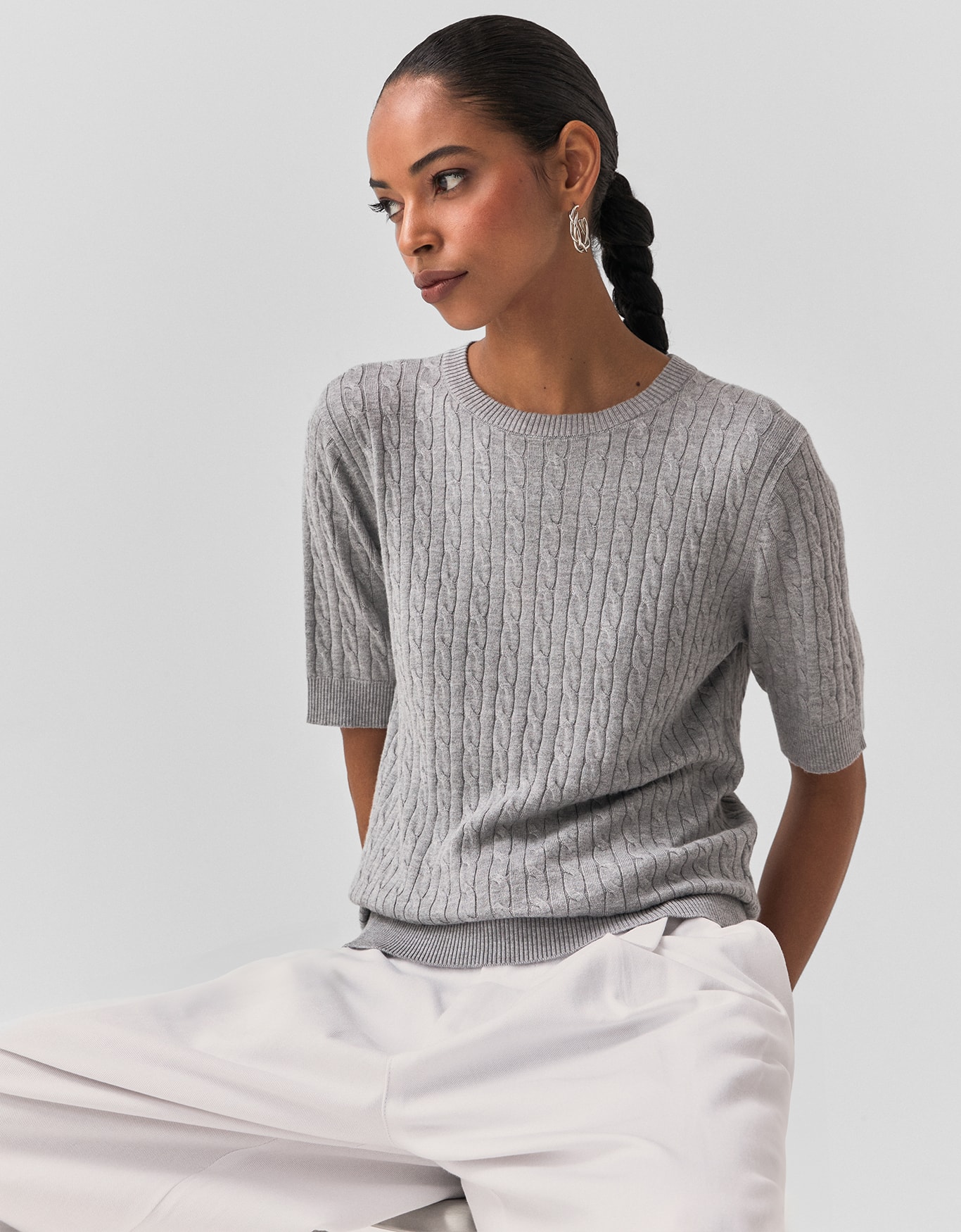 Blusa Tricot Trançada Manga Curta Cinza