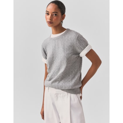 Blusa Tricot Trançada Manga Curta Cinza