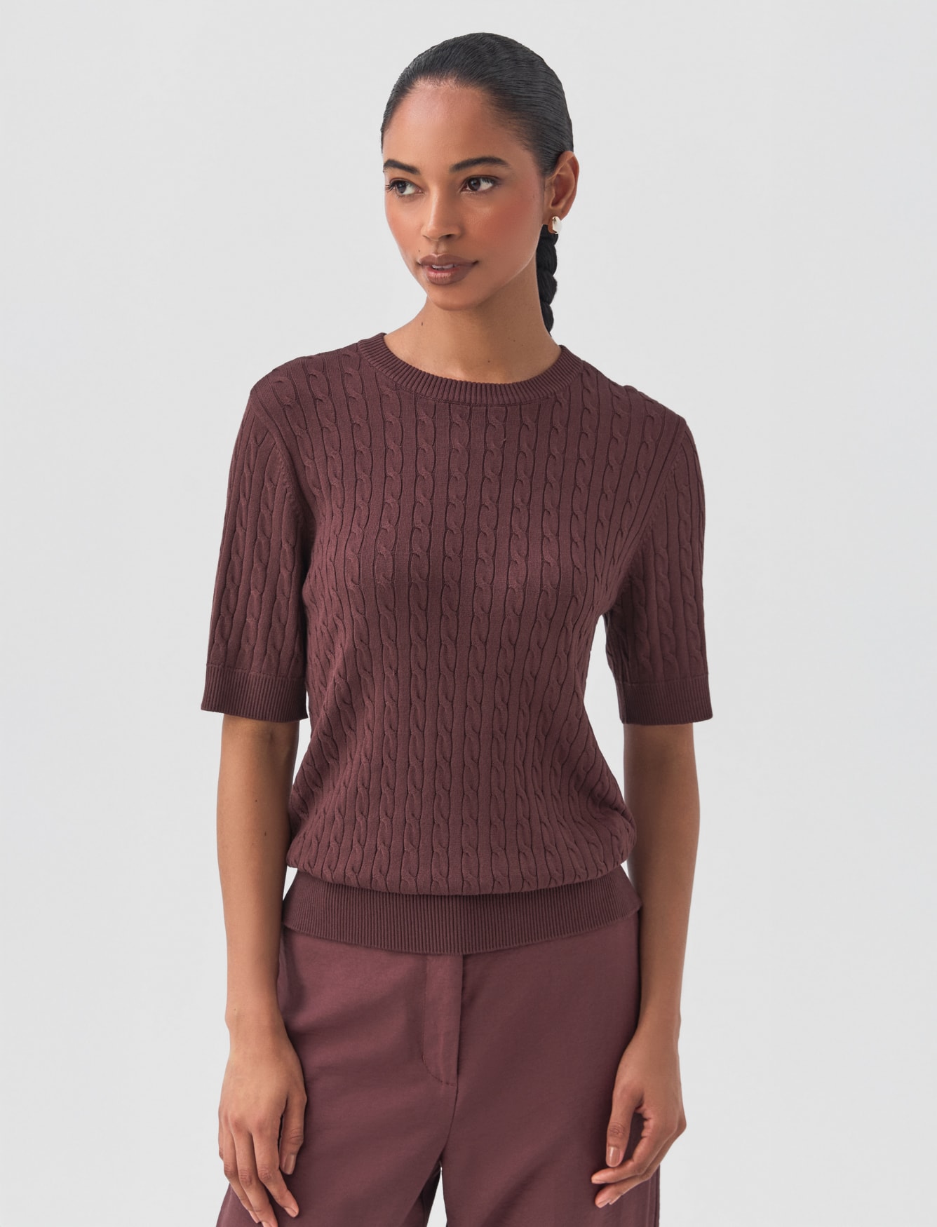 Blusa Tricot Trançada Manga Curta Marrom