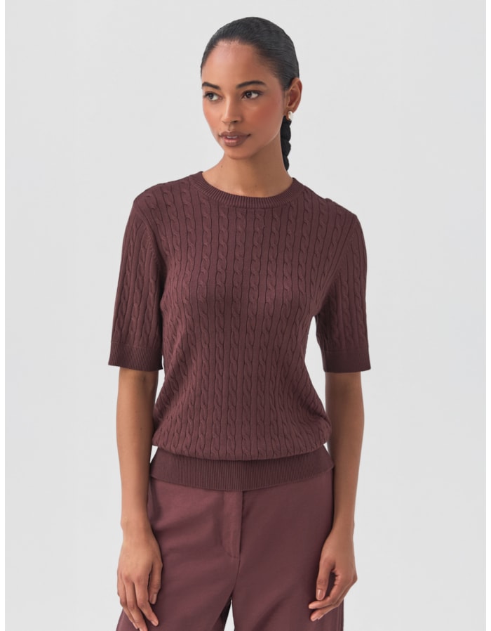 Shoulder — Blusa Tricot Trançada Manga Curta Marrom