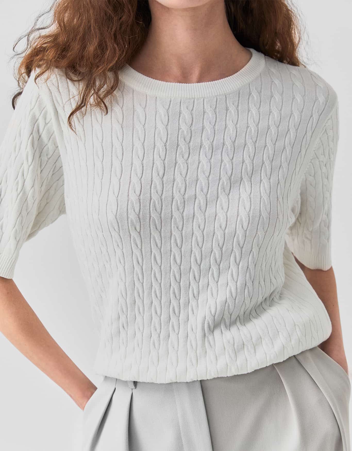 Blusa Tricot Trançada Manga Curta Off White