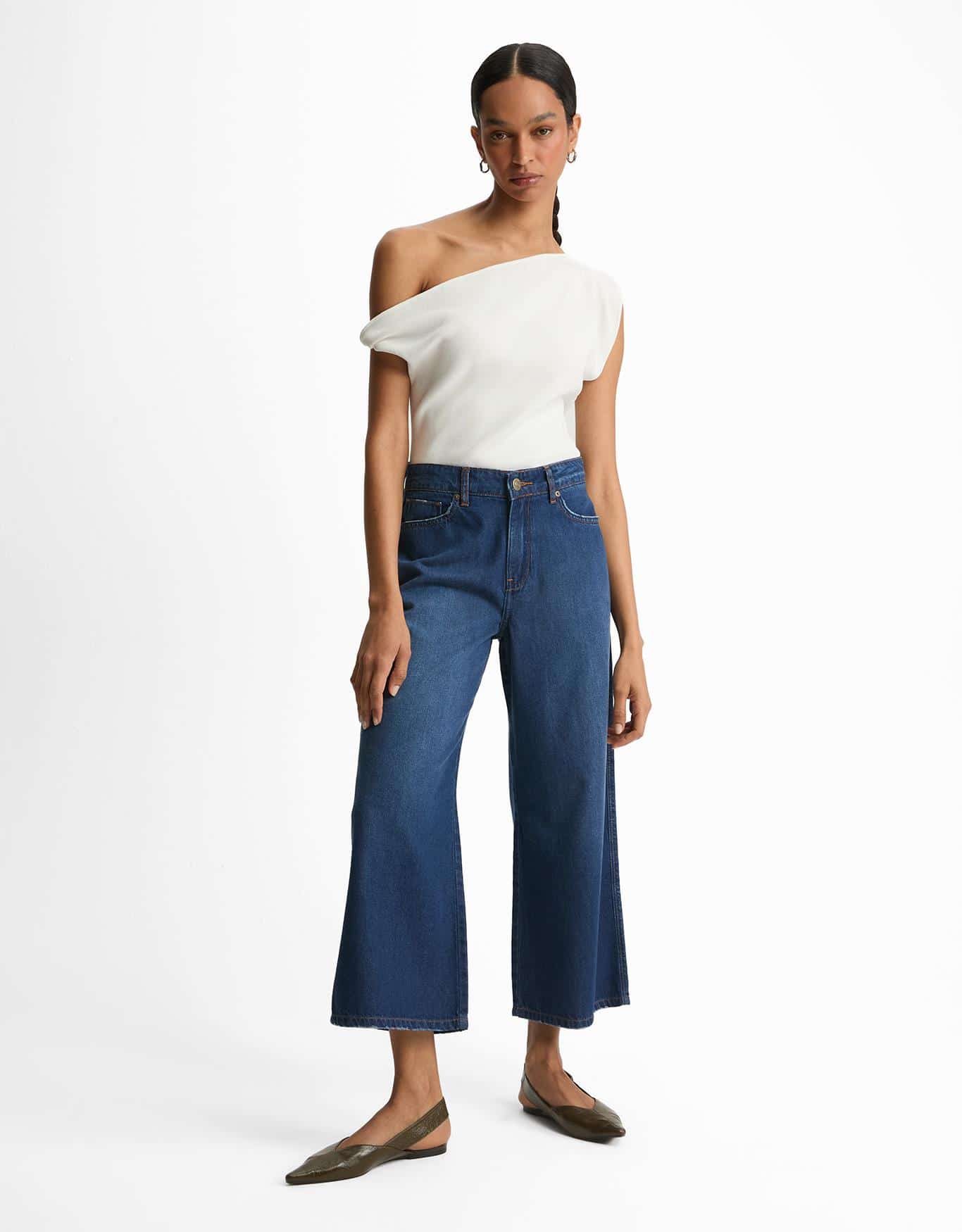 Calça Jeans Cropped Wide