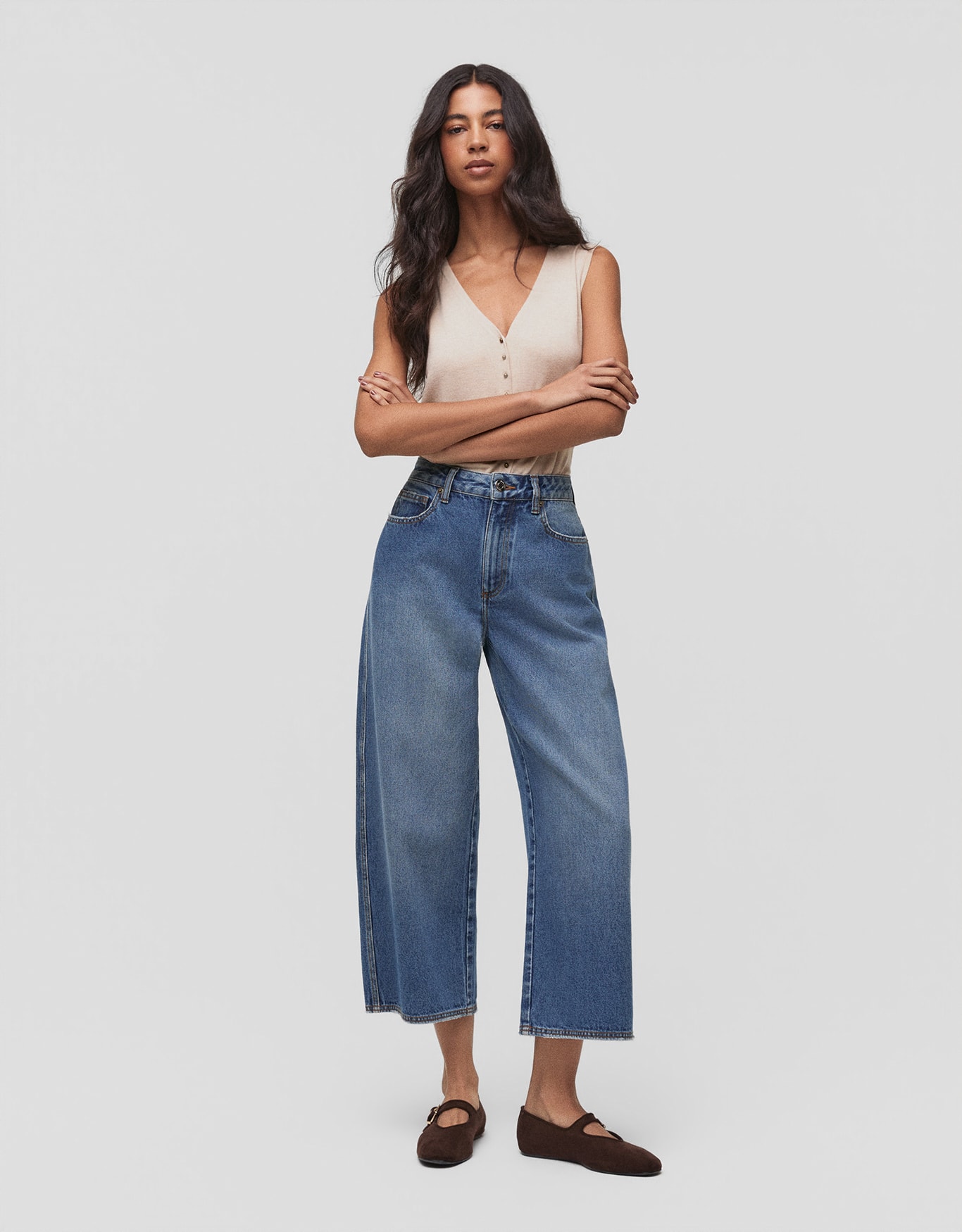 Calça Jeans Cropped Wide Média