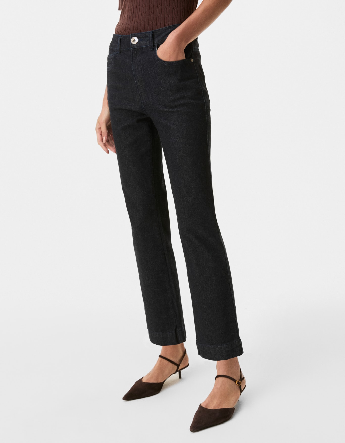 Calça Jeans Escura Flare Cropped