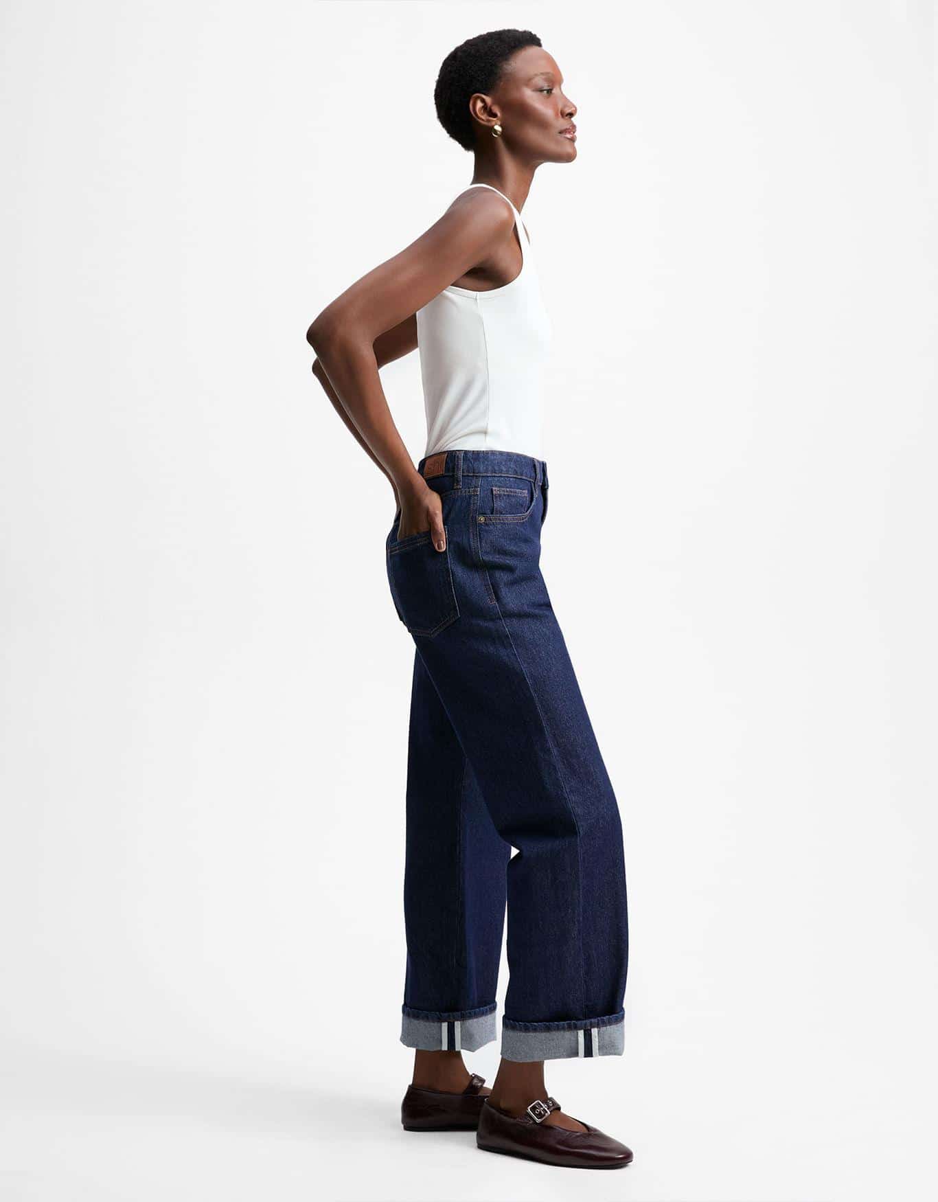 Calça Jeans Reta Barra Dobrada