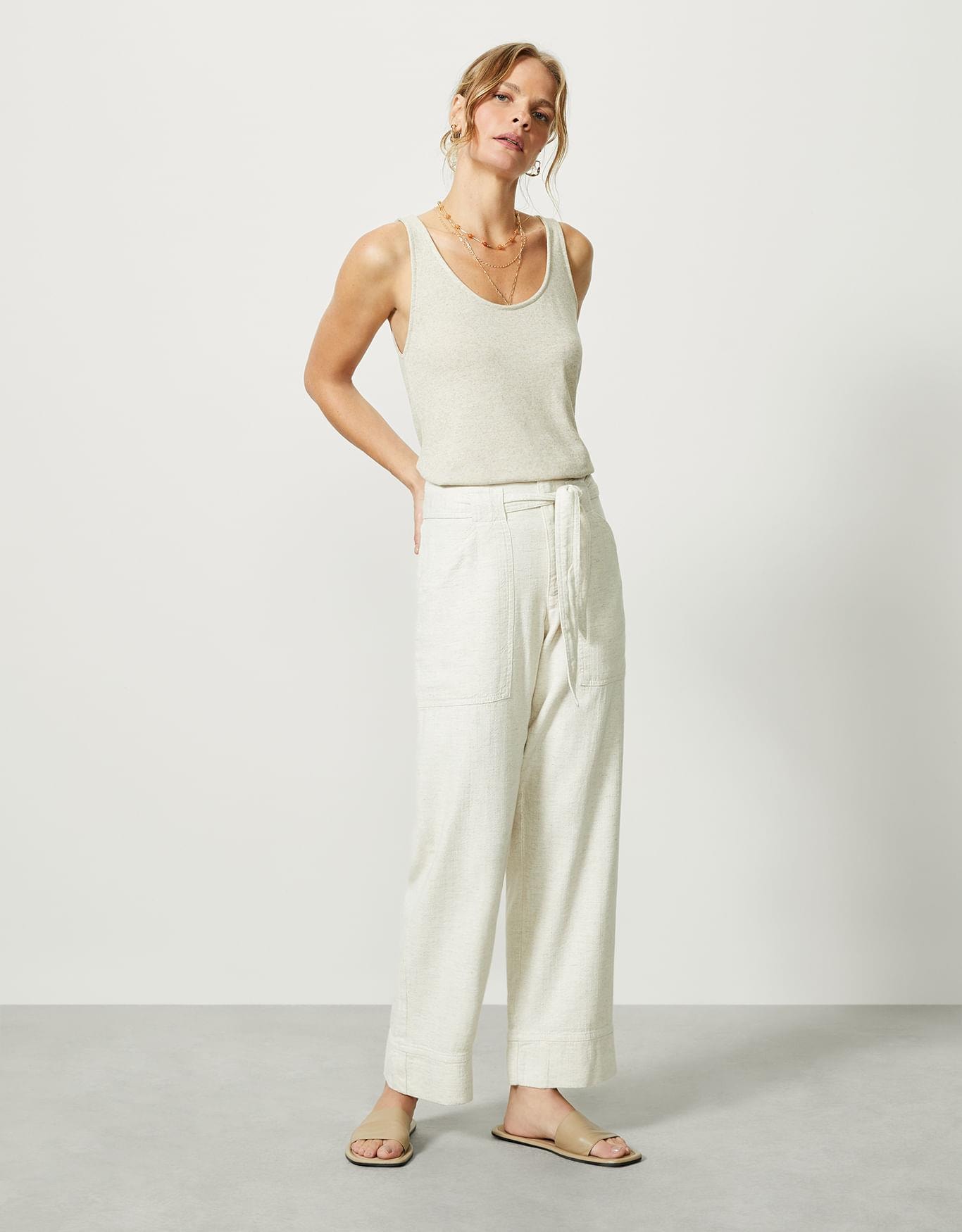 Calça Natural Reta Com Faixa