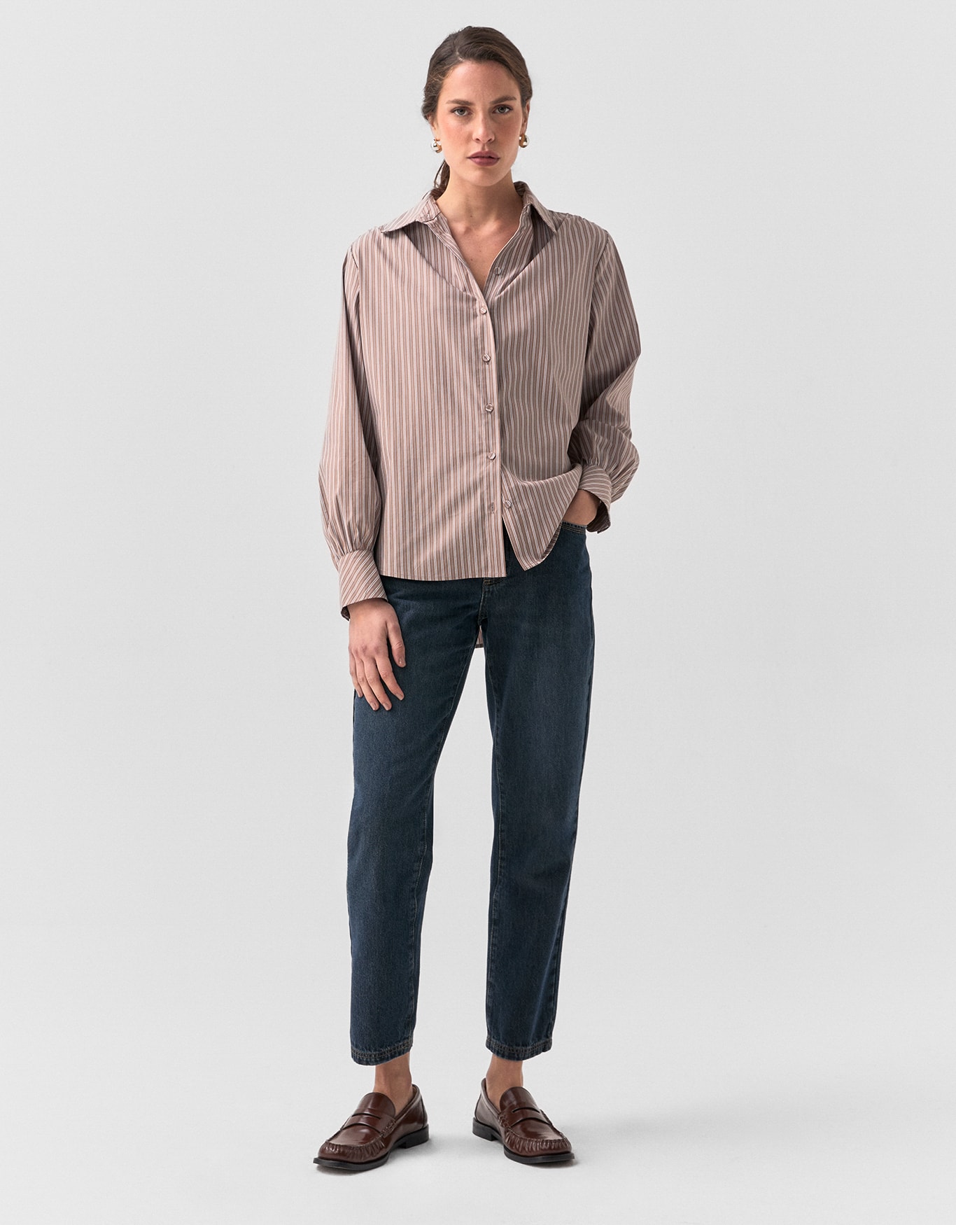 Camisa Reta Listras Camel