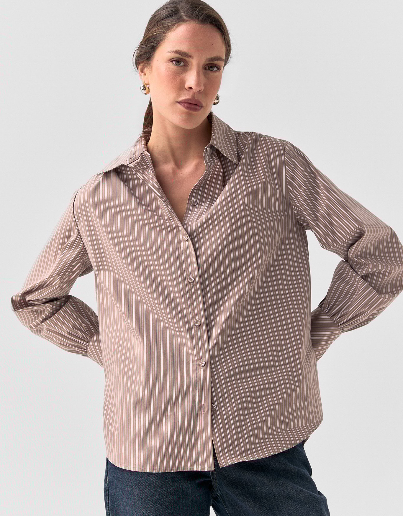 Camisa Reta Listras Camel