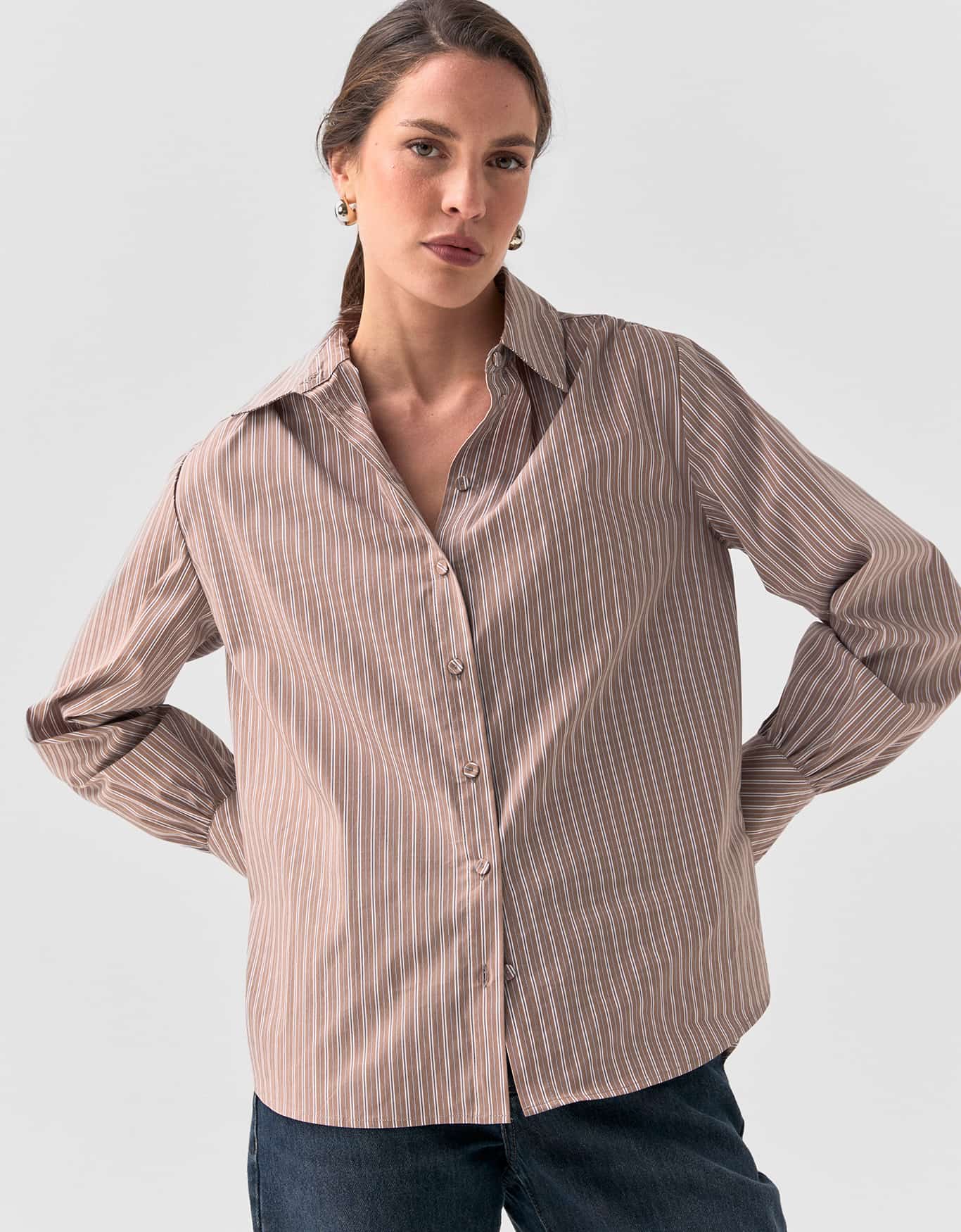 Camisa Reta Listras Camel
