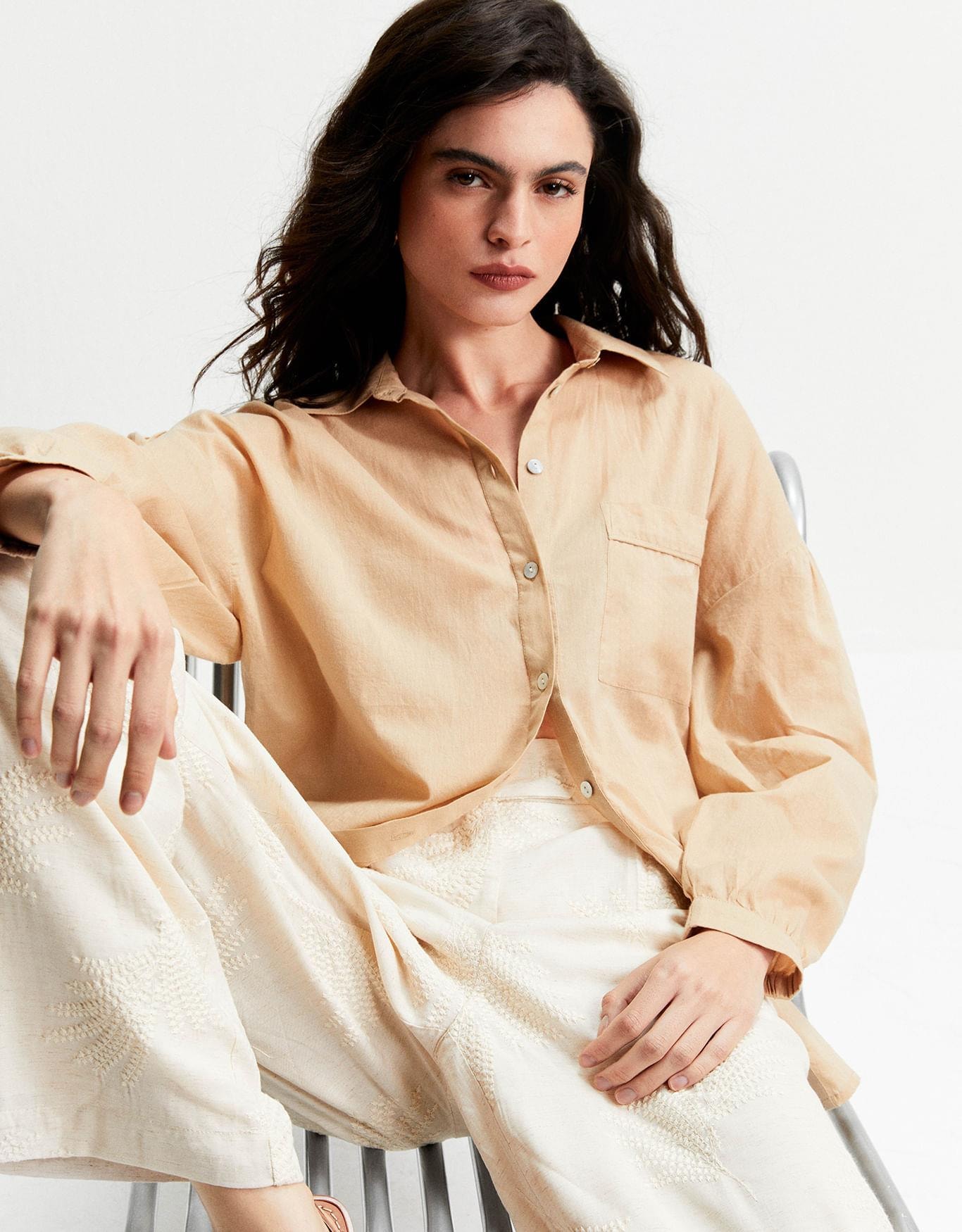 Camisa Voil Manga Longa Khaki