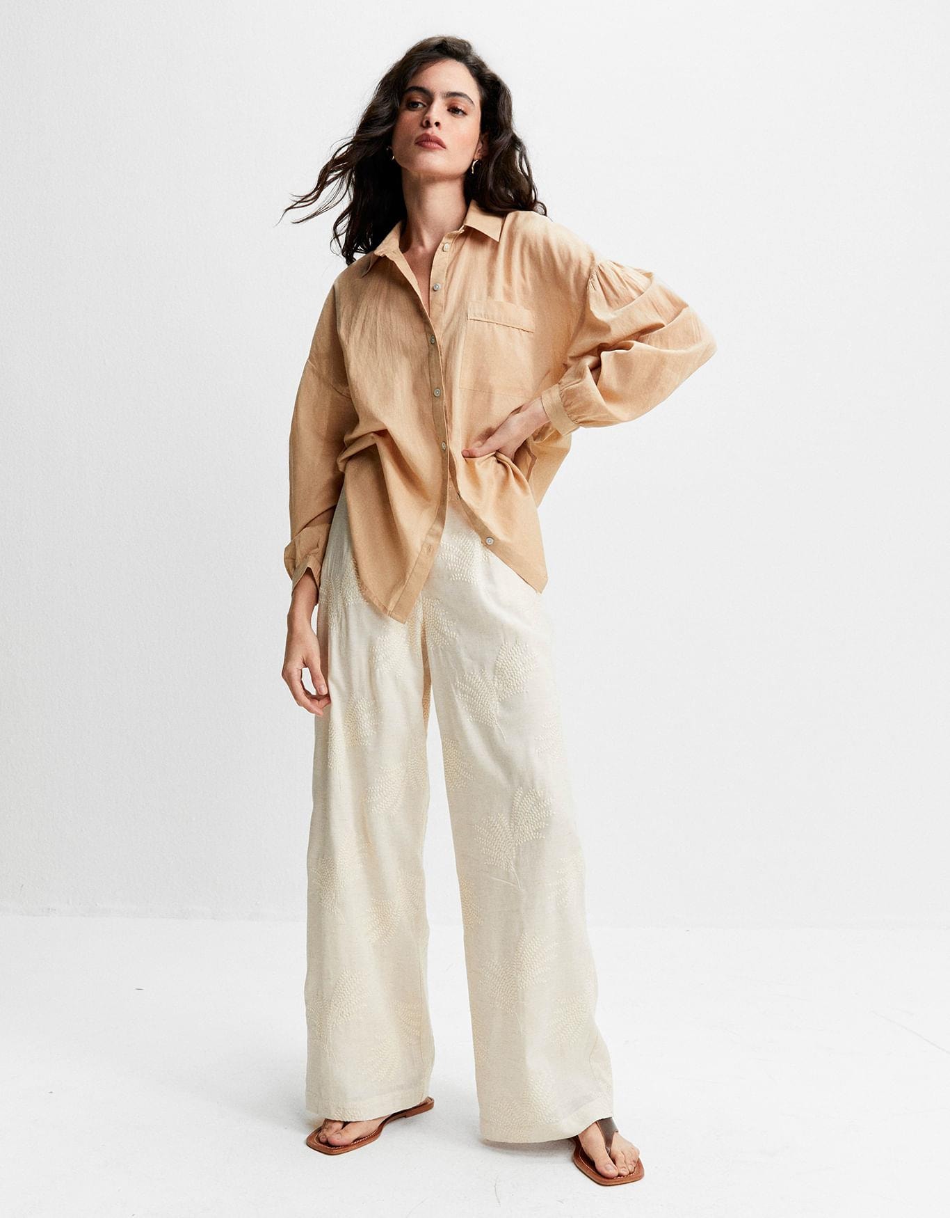 Camisa Voil Manga Longa Khaki