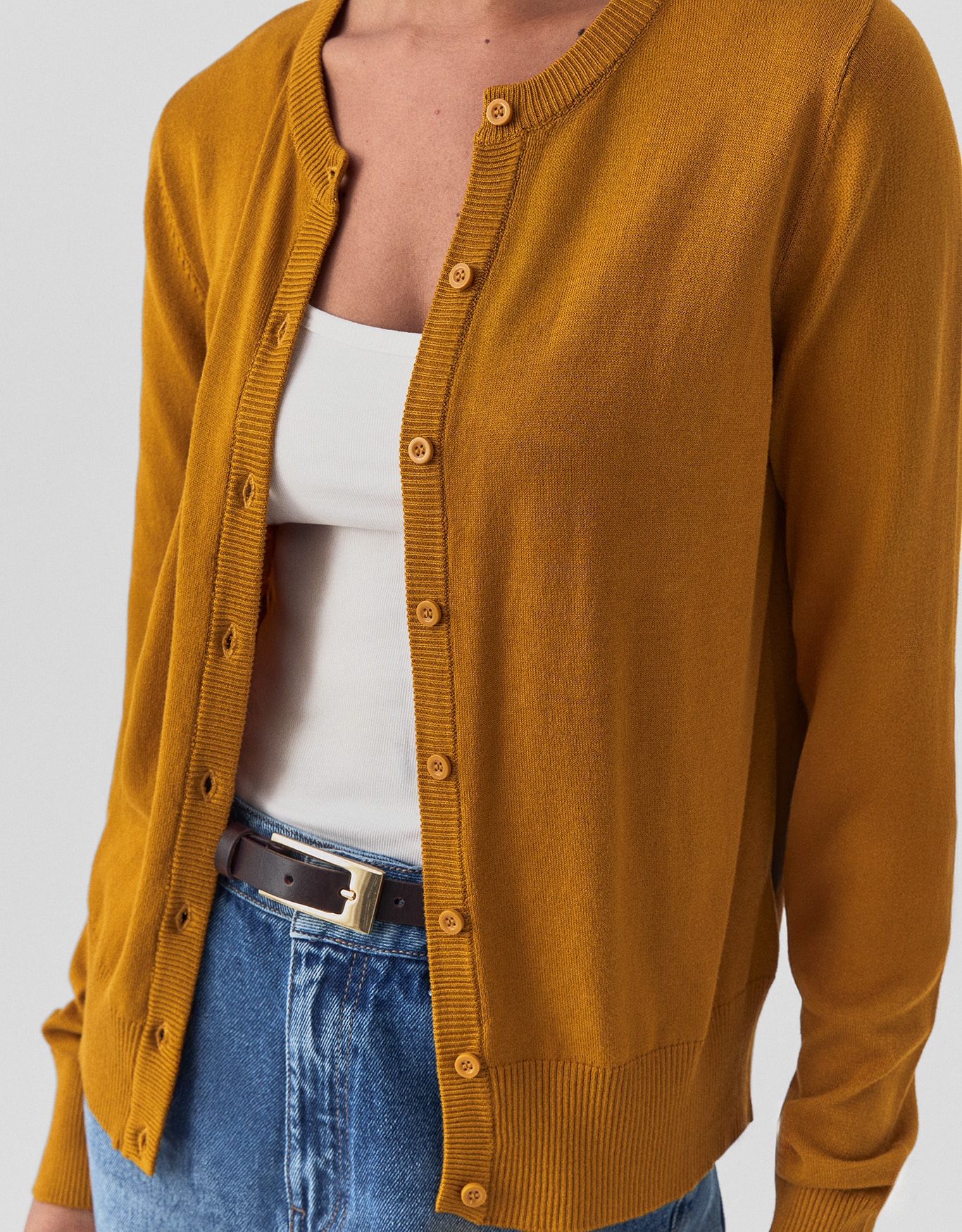 Cardigan Tricot Básico Botões Mostarda