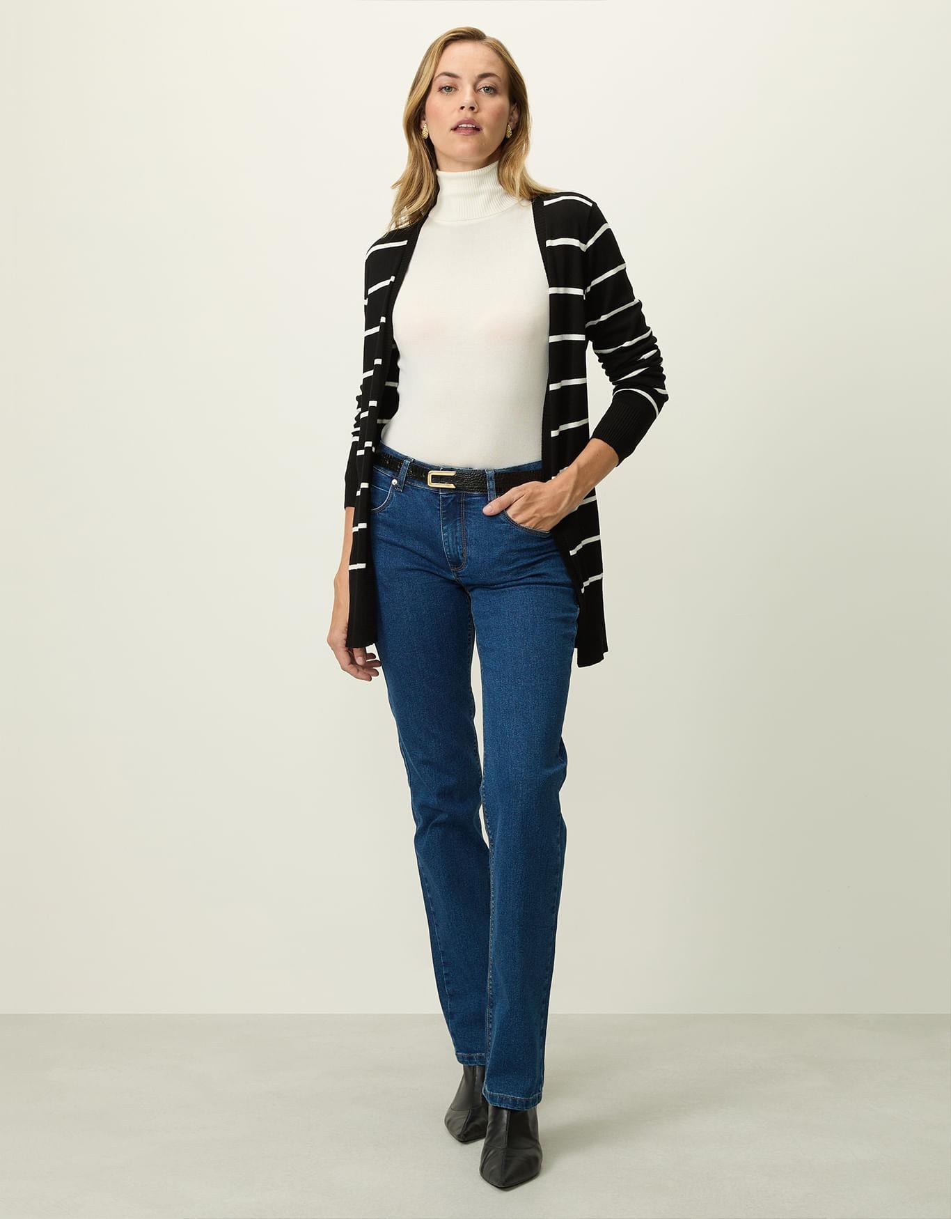 Cardigan Tricot Básico Listras Preto