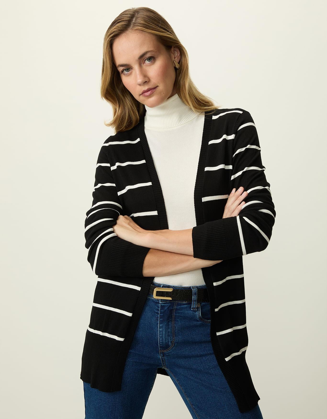 Cardigan Tricot Básico Listras Preto