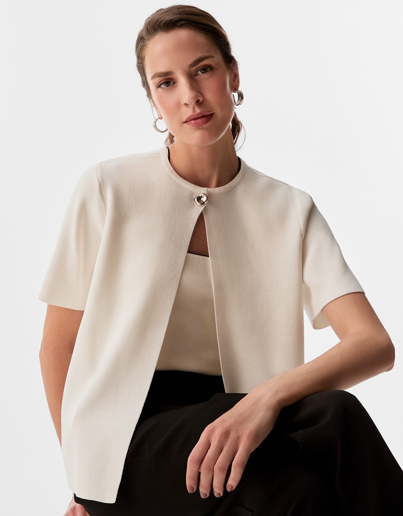 Cardigan Tricot Manga Curta Off-White