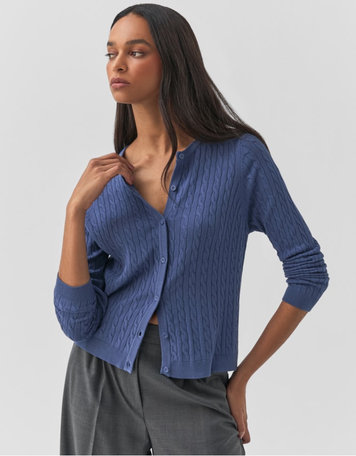 Shoulder — Cardigan Tricot Trançado Azul
