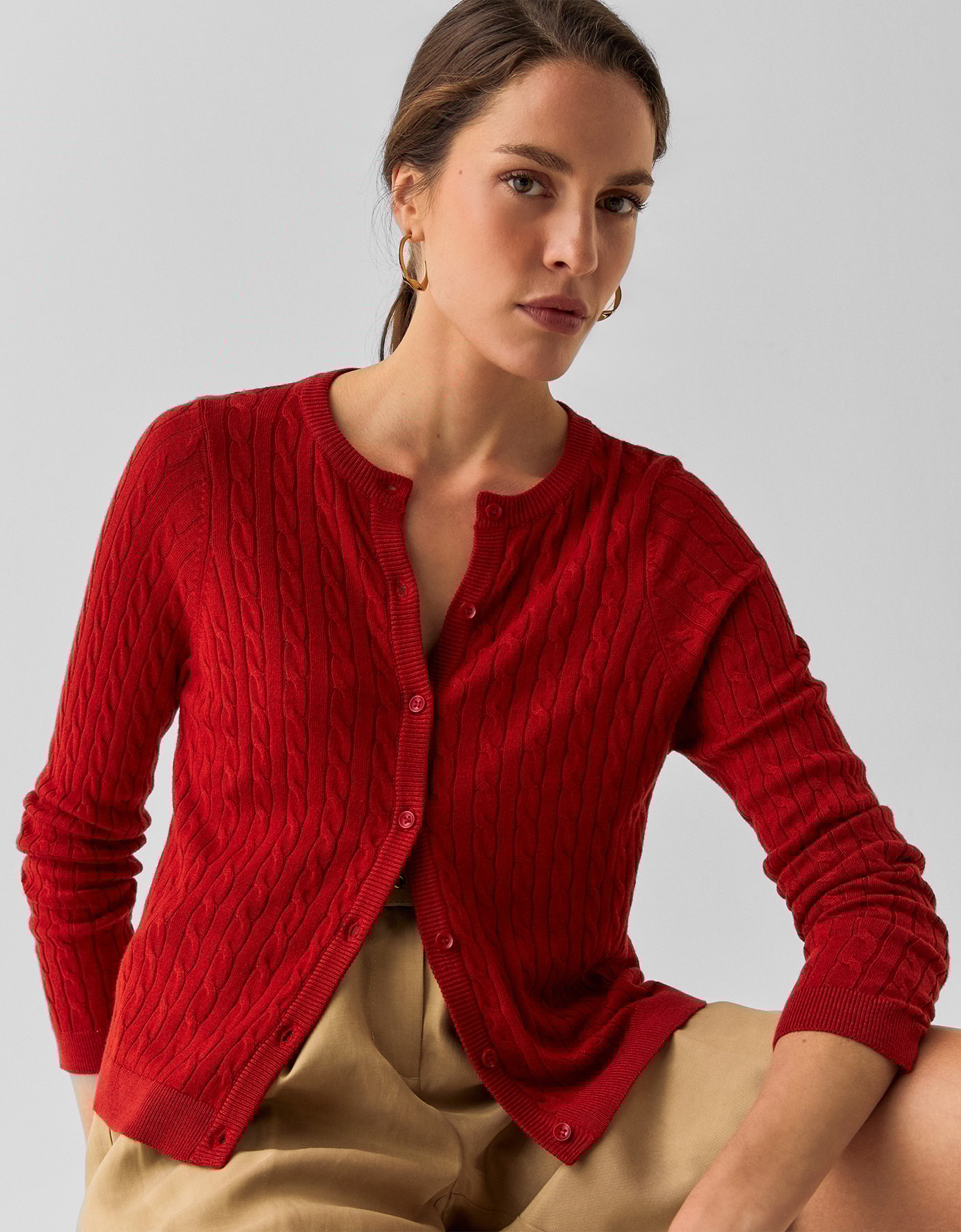 Cardigan Tricot Trançado Vermelho