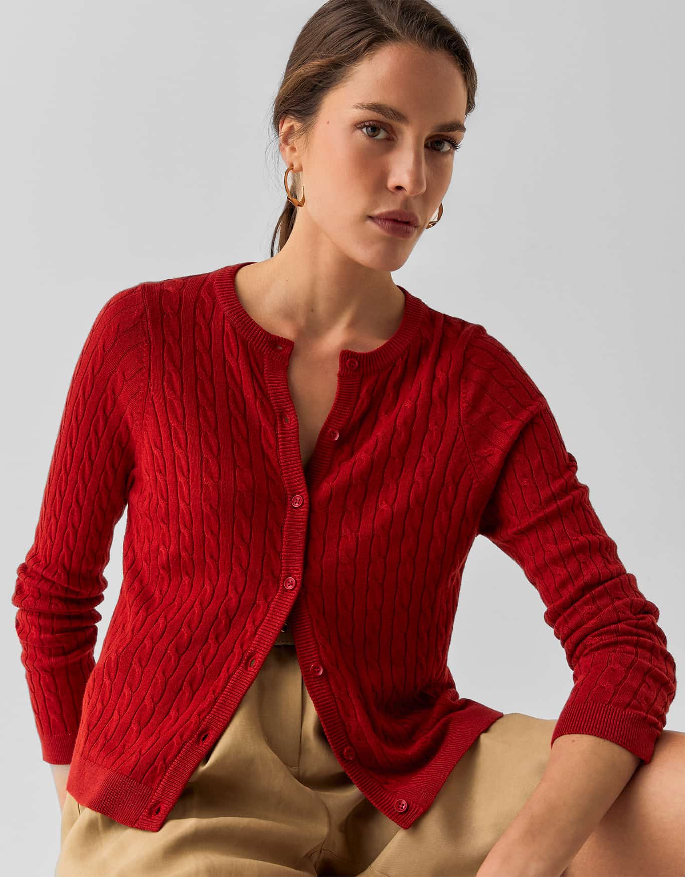 Cardigan Tricot Trançado Vermelho