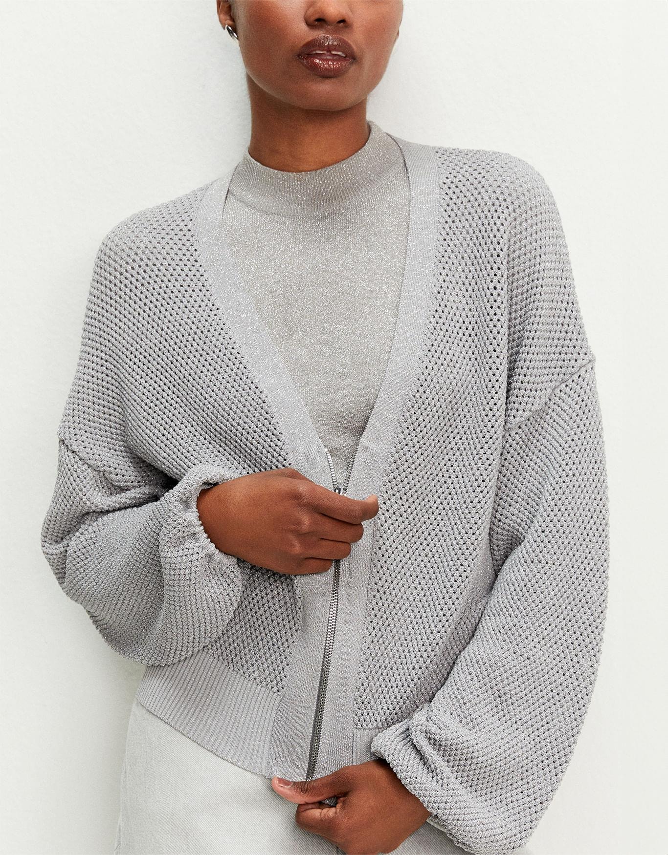 Casaco Tricot Lurex Prata