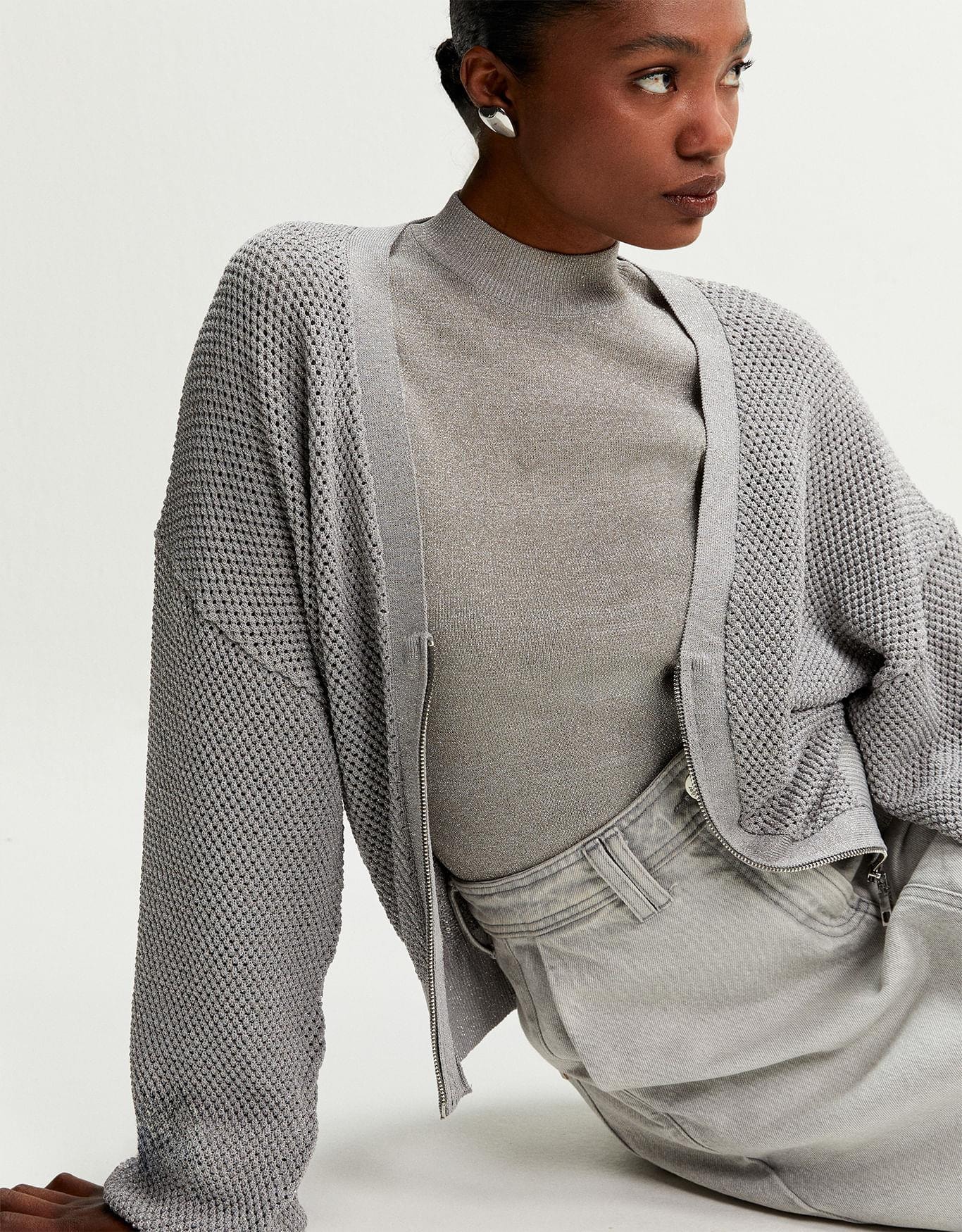 Casaco Tricot Lurex Prata