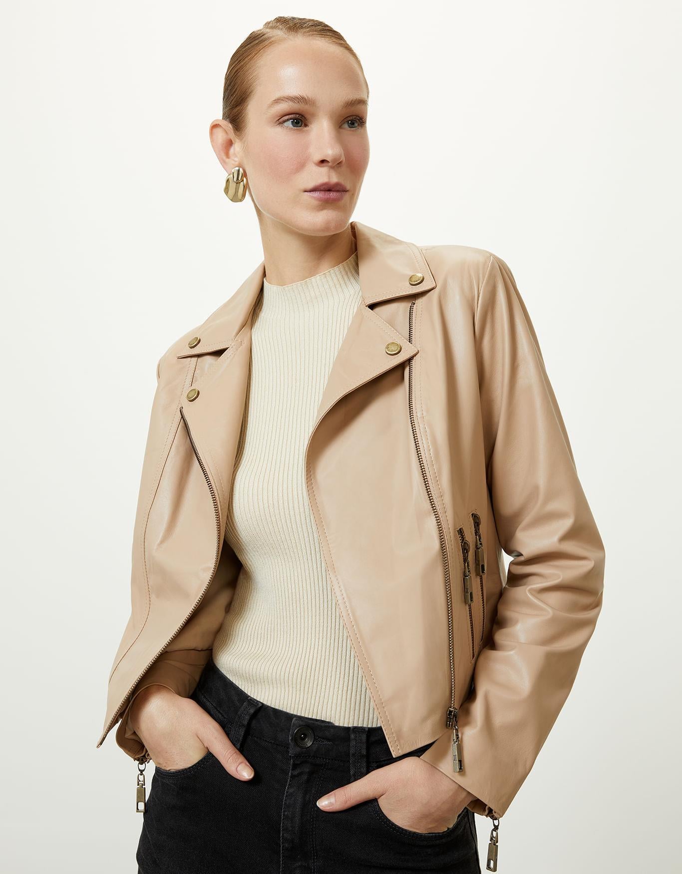 Jaqueta Couro Bolsos Khaki