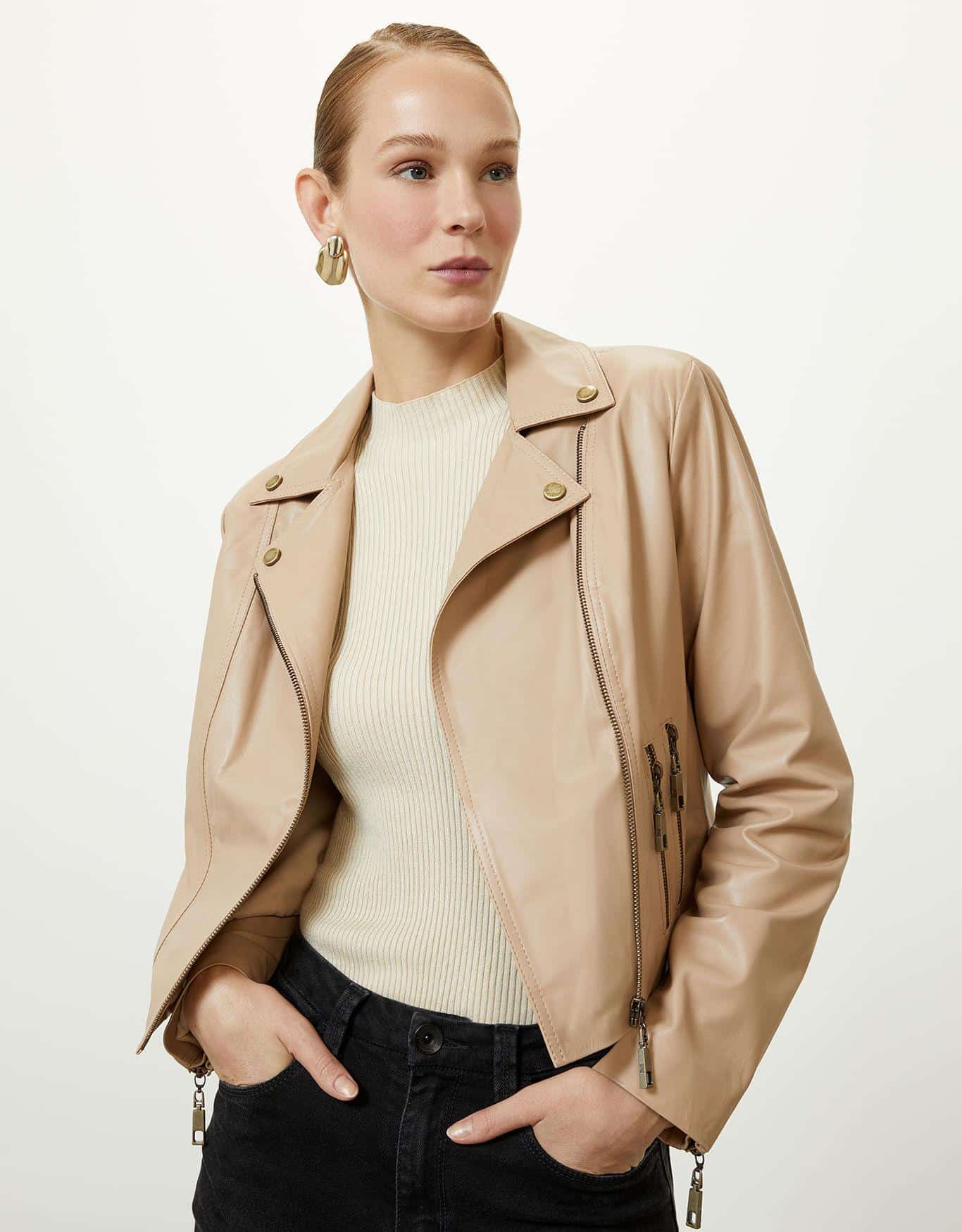 Jaqueta Couro Bolsos Khaki