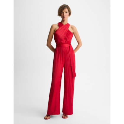 Macacão Acetinado Decote Cruzado