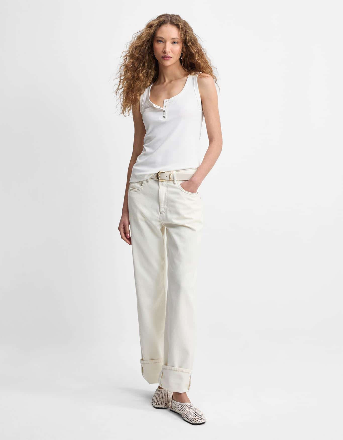 Regata Malha Canelada Botões Off White