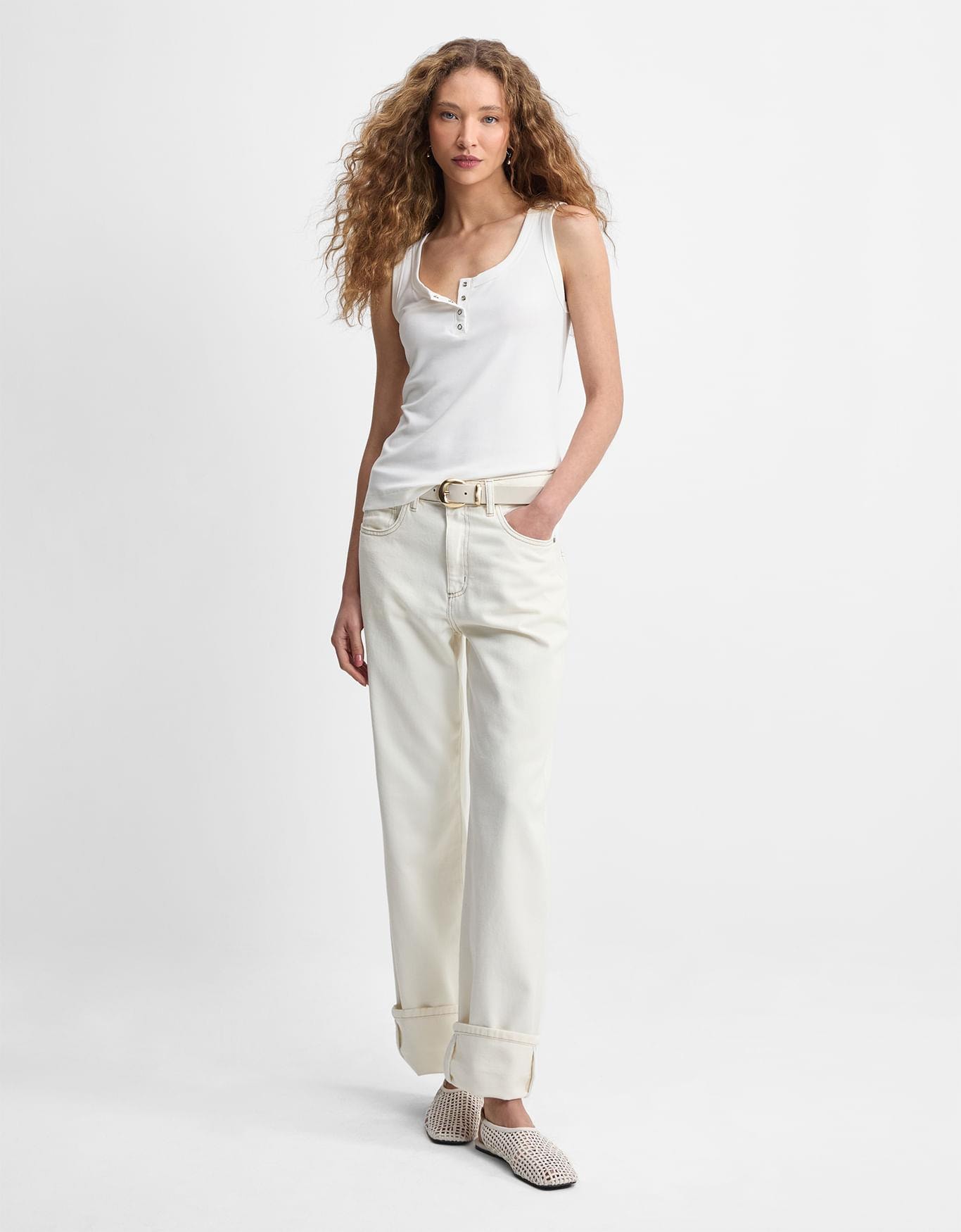 Regata Malha Canelada Botões Off White